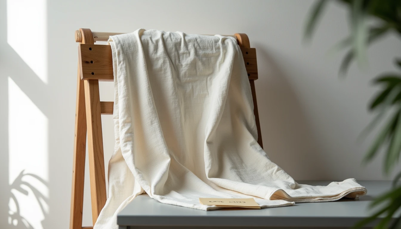 Cream linen button-up shirt draped over chair, showing natural wrinkles and wide armhole.
