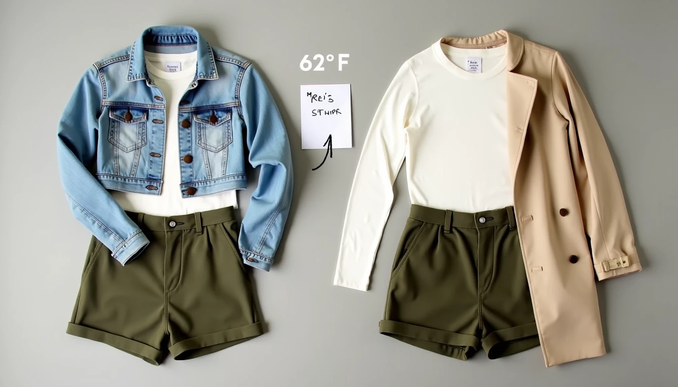 Two outfits side by side swapping denim jacket for trench coat on grey surface.