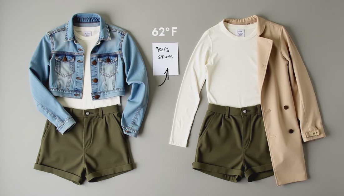 Denim Jacket to Trench Coat Swap Two outfits side by side swapping denim jacket for trench coat on grey surface.