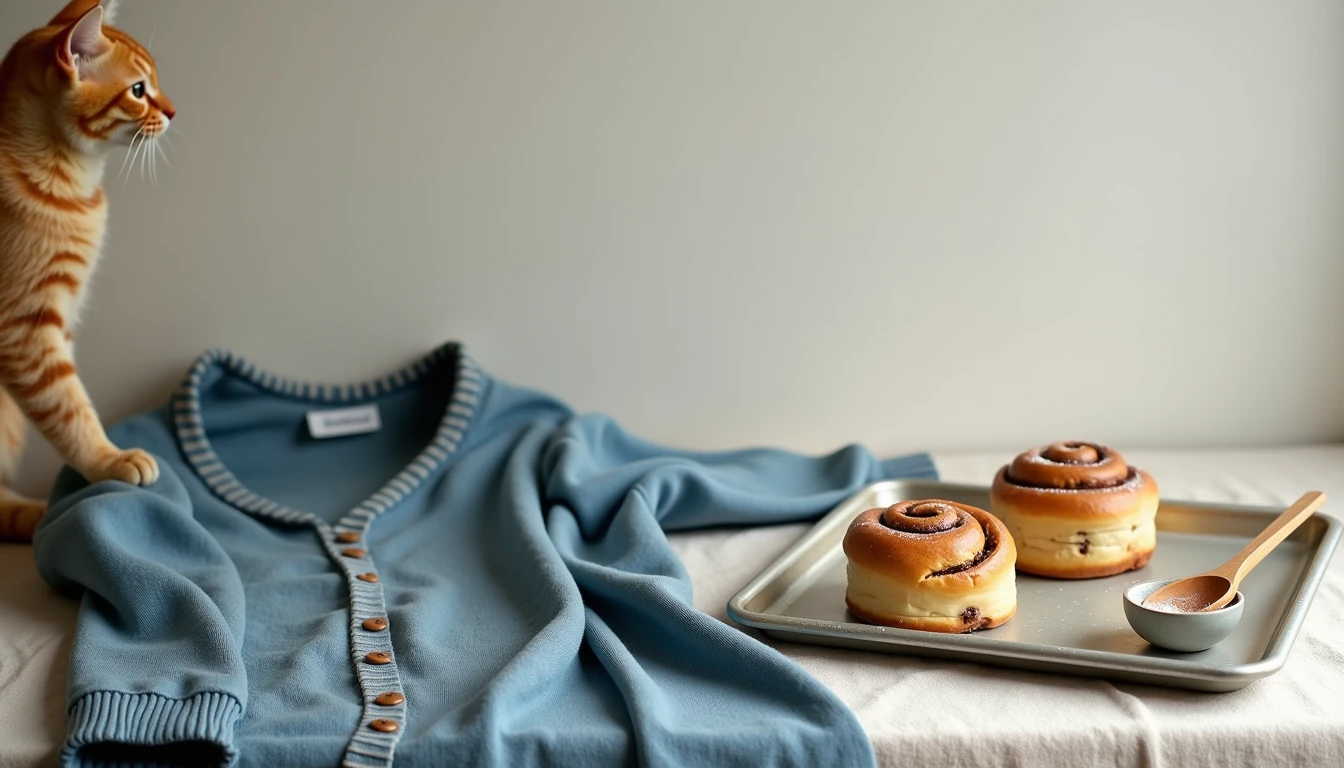 Blue cardigan, cinnamon rolls on baking sheet, flour-dusted spoon, one orange cat paw.