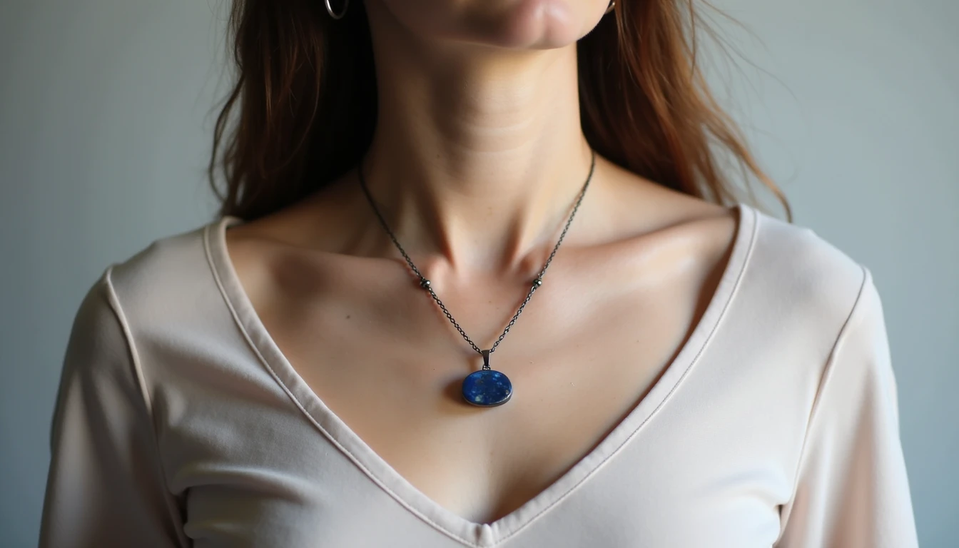 Plus size woman holding necklace against collarbone to check scale and fit without face.