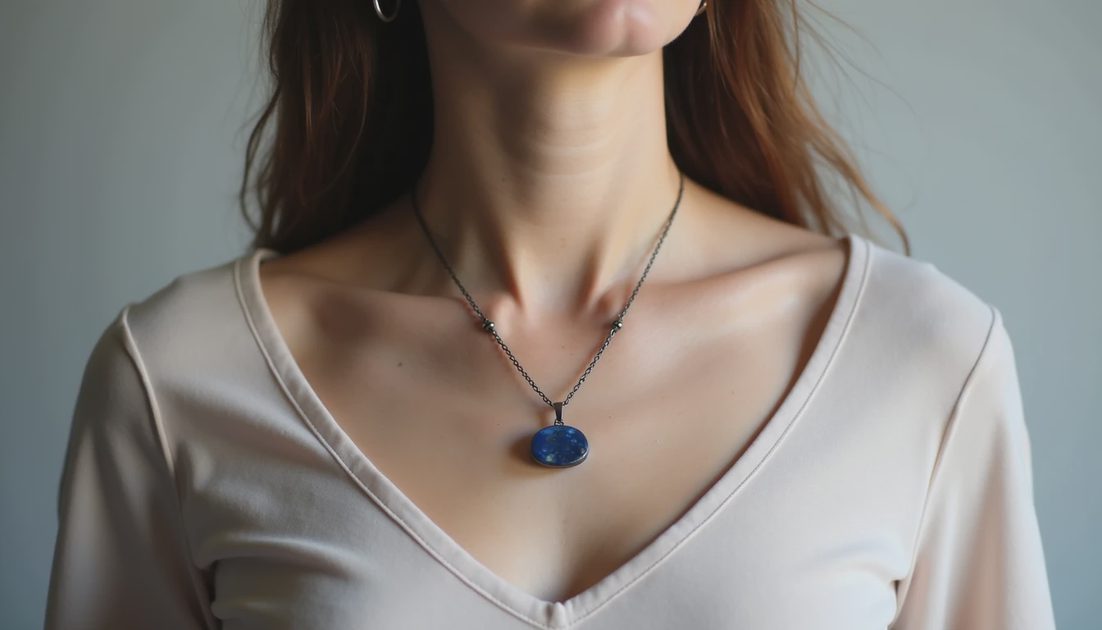 Checking Necklace Scale on Collarbone Plus size woman holding necklace against collarbone to check scale and fit without face.