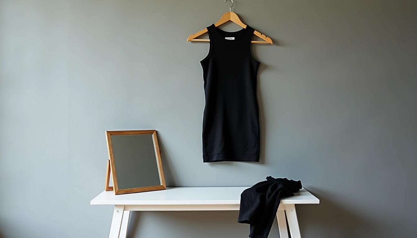 Black knit dress on hanger with mirror and leggings on white table.