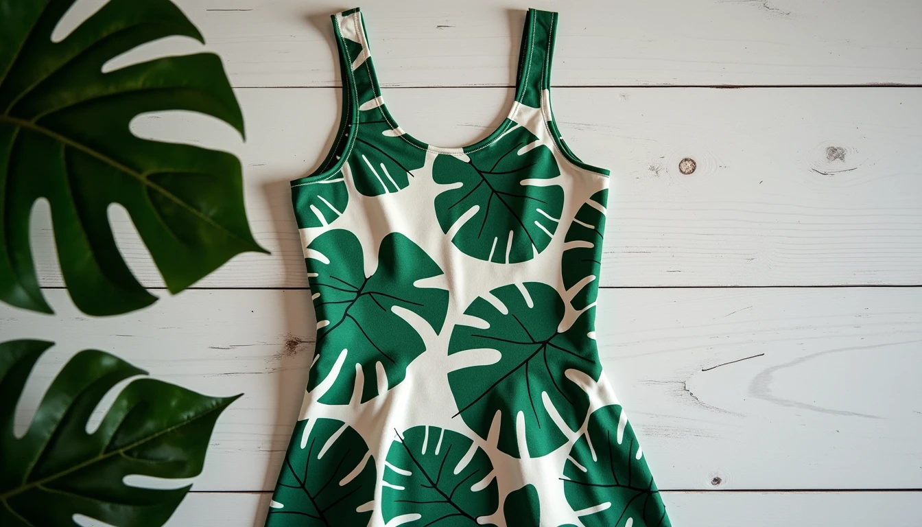 Large spaced palm leaf print on a plus-size dress flat on a white table.
