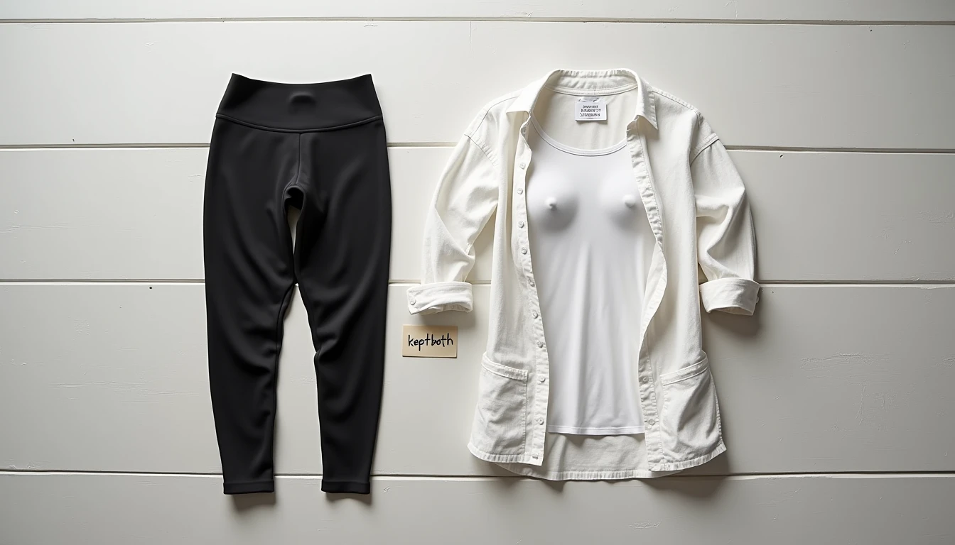Black leggings with thick waistband beside white shirt over tank top. Kept both.