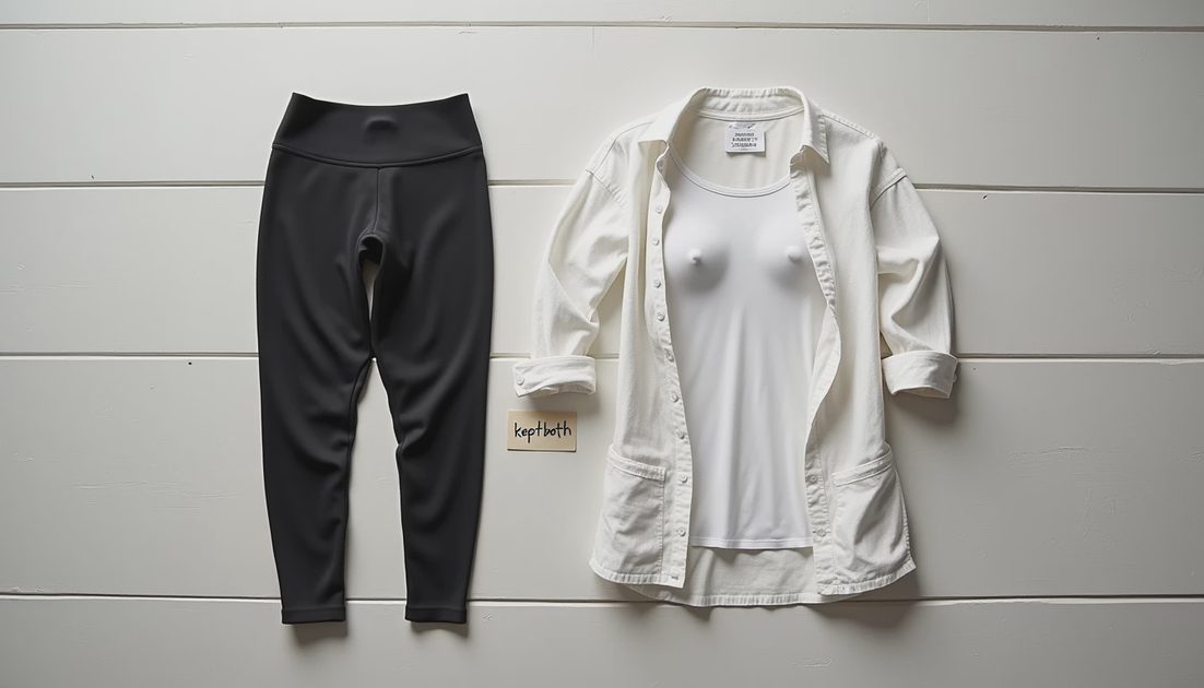 What Improved This Year Black leggings with thick waistband beside white shirt over tank top. Kept both.