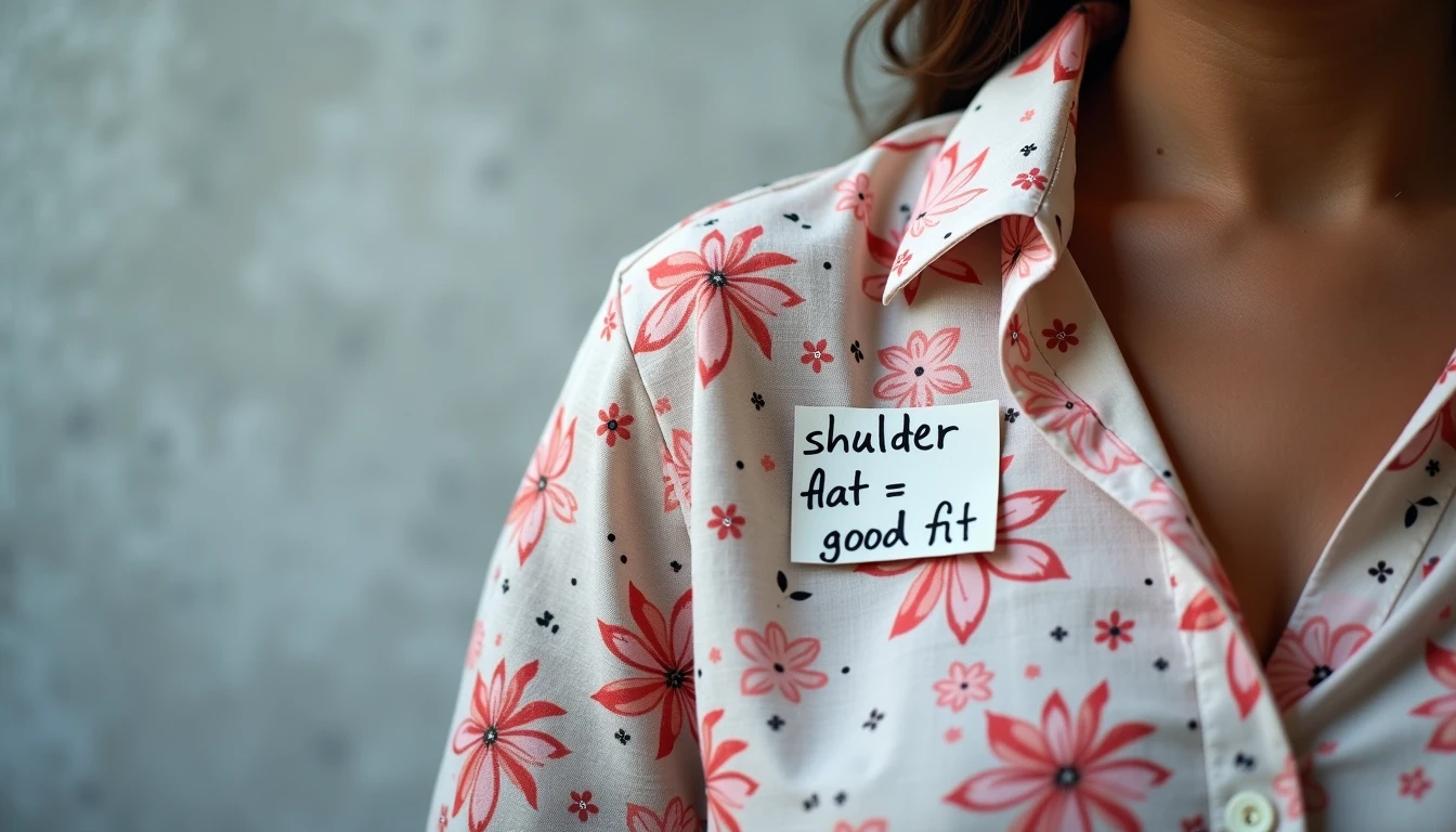 Shoulder area of a printed plus-size blouse lying flat with no fabric pulling.