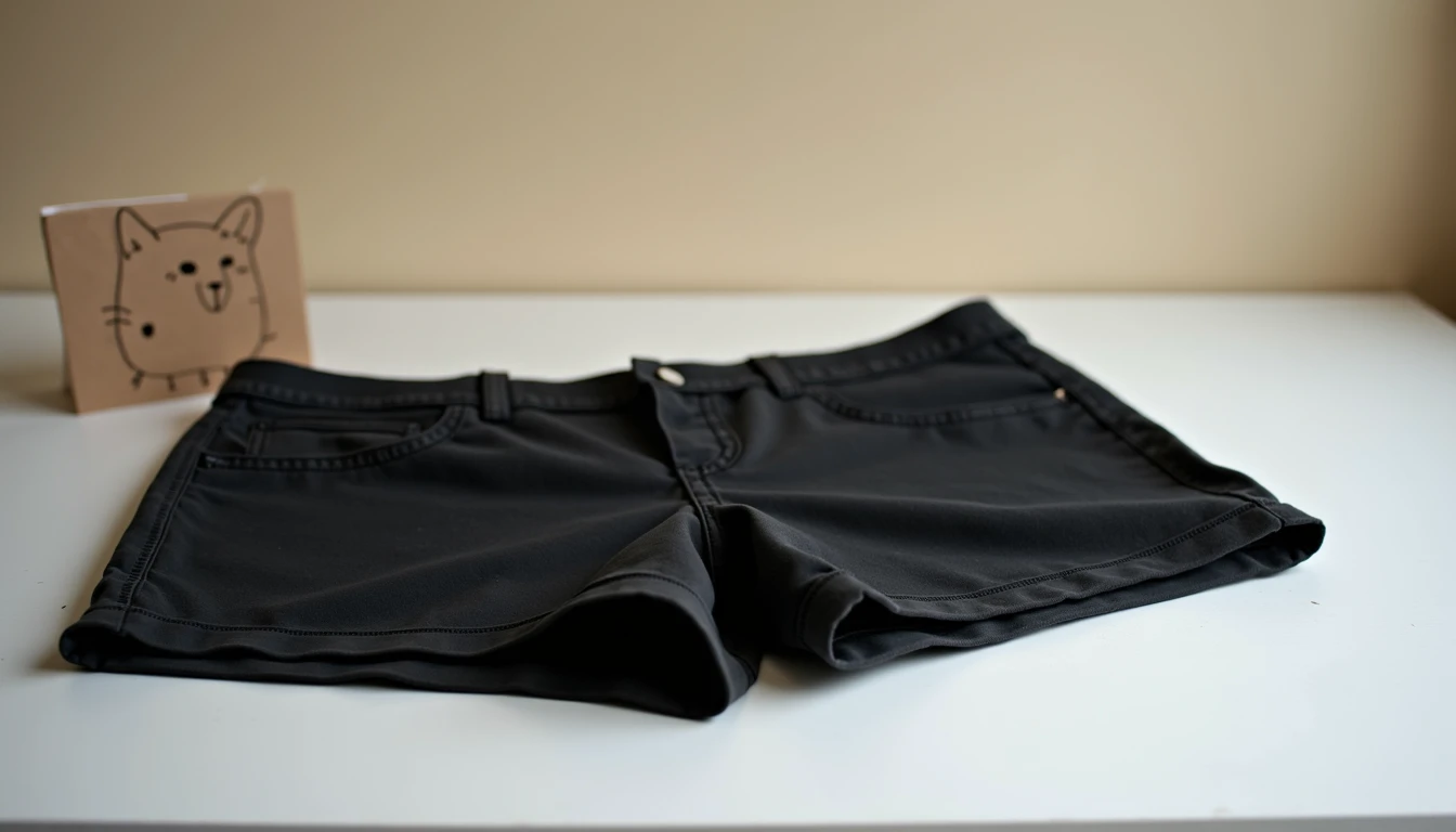 Black size 20 shorts folded neatly beside a cat card. Gentle light. No people.