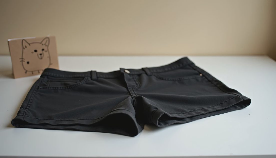 Clothes That Fit Black size 20 shorts folded neatly beside a cat card. Gentle light. No people.
